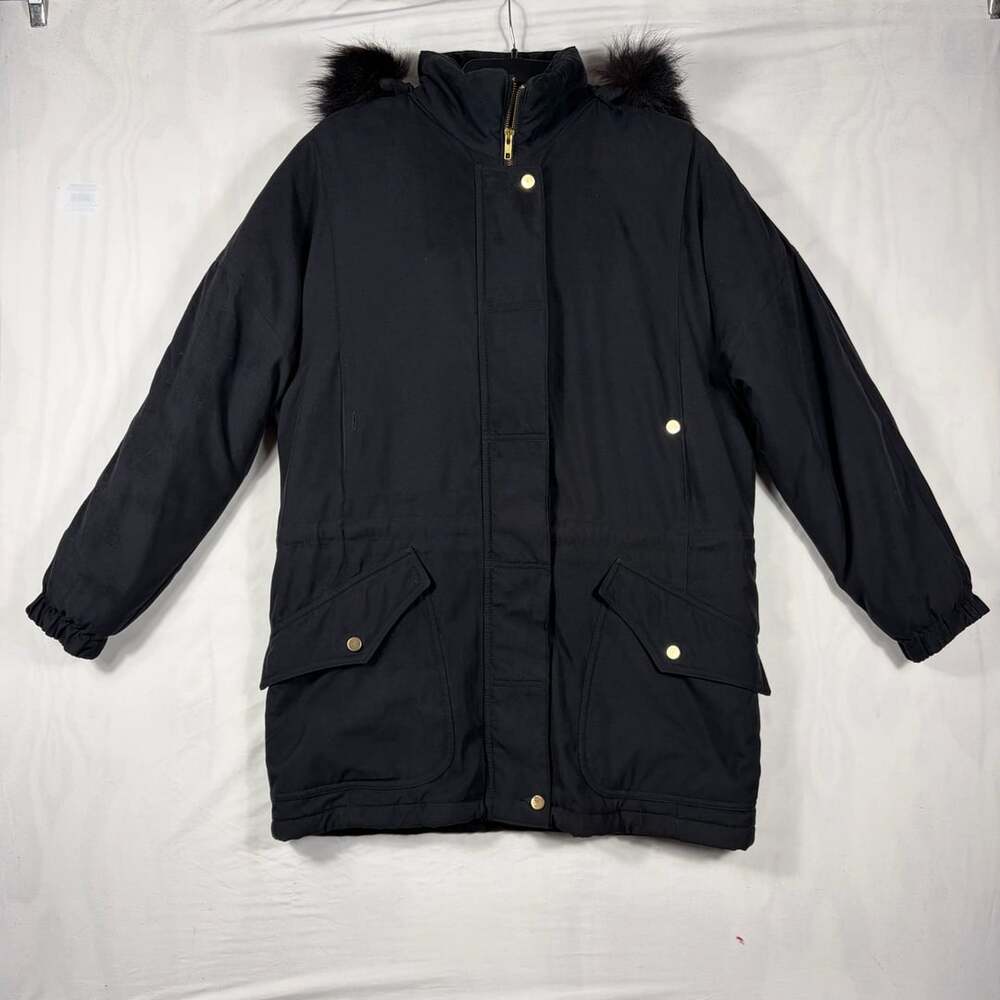 Larry Levine Microfibre Jacket Size XS Black Faux Fur Trim